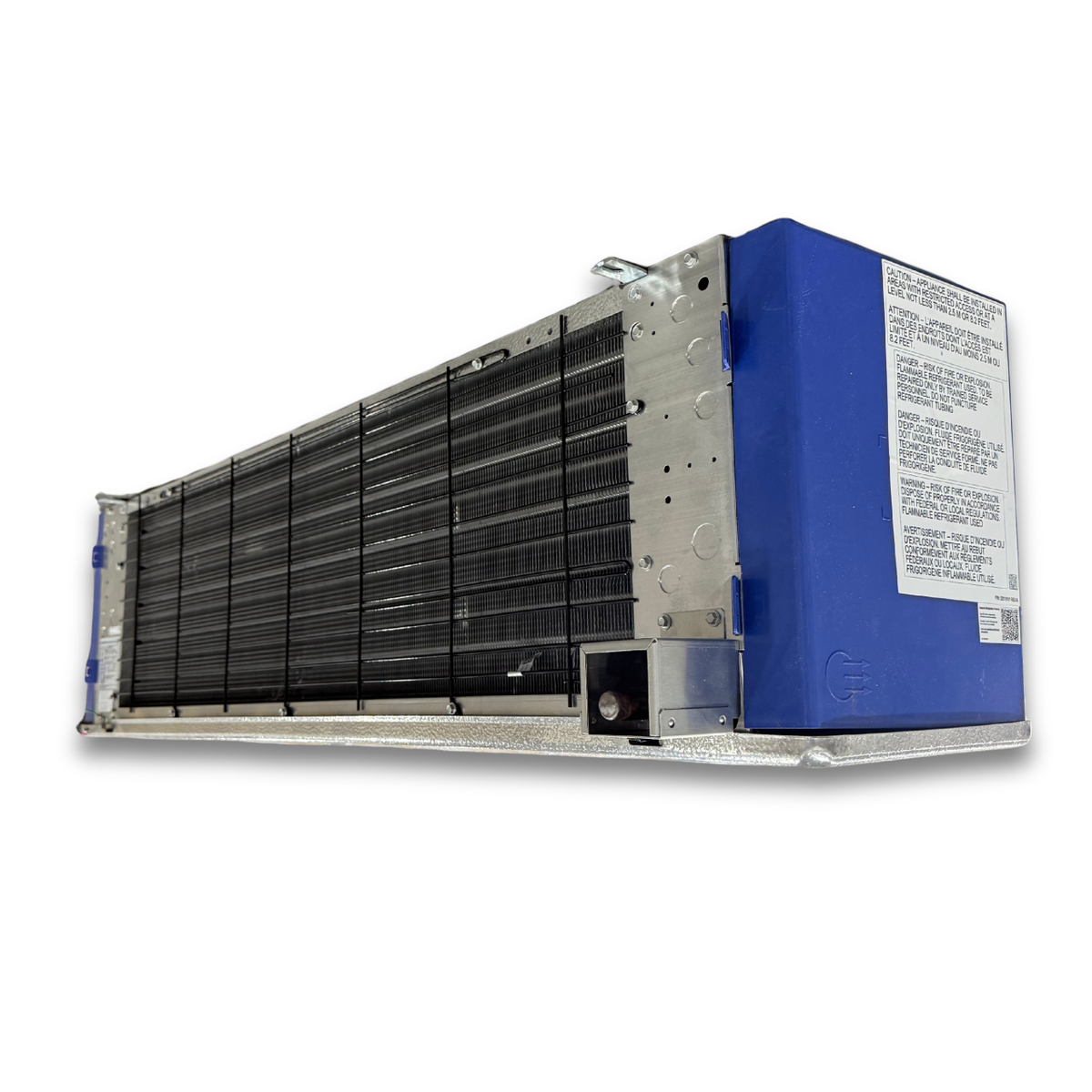 New 2.5 HP Medium Temp System, 1 phase 208-230 volt — supplier gallery view 7; Blue/gray evaporator front side view showing labels.