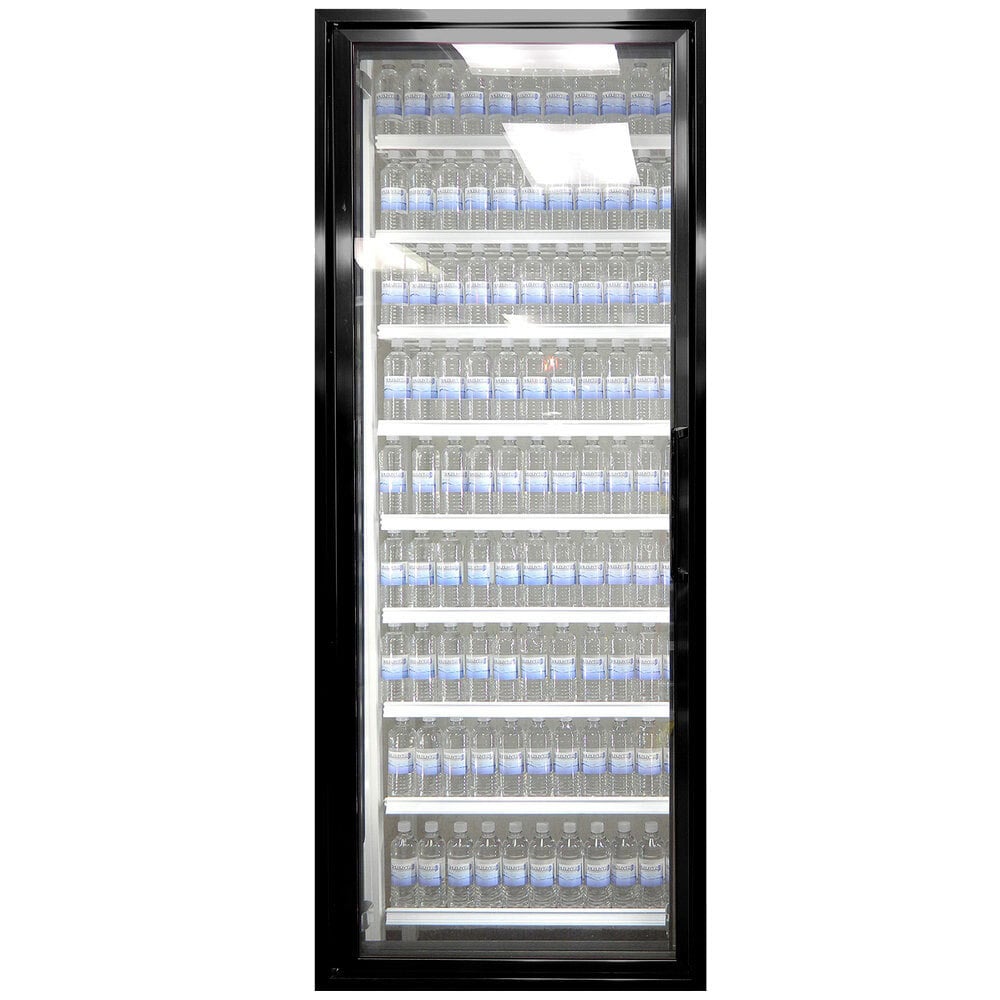 Styleline RM2475-LT Walk-In Merchandiser Doors with Shelving — supplier gallery view 3; A white and black glass Styleline walk-in freezer door with shelving holding water bottles.