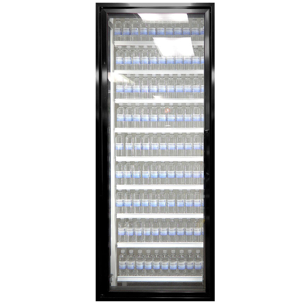 Styleline RM3075-LT Walk-In Merchandiser Doors with Shelving — supplier gallery view 3; A Styleline walk-in freezer merchandiser door with shelving filled with water bottles.
