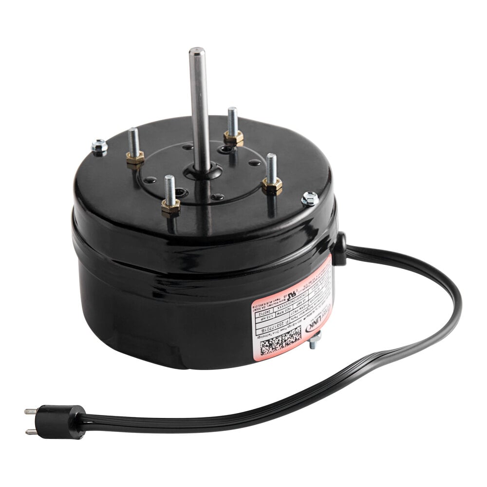 Heatcraft 25317701 Evaporator Fan Motor — supplier gallery view 2; A black round Heatcraft evaporator fan motor with a metal pole attached to it.