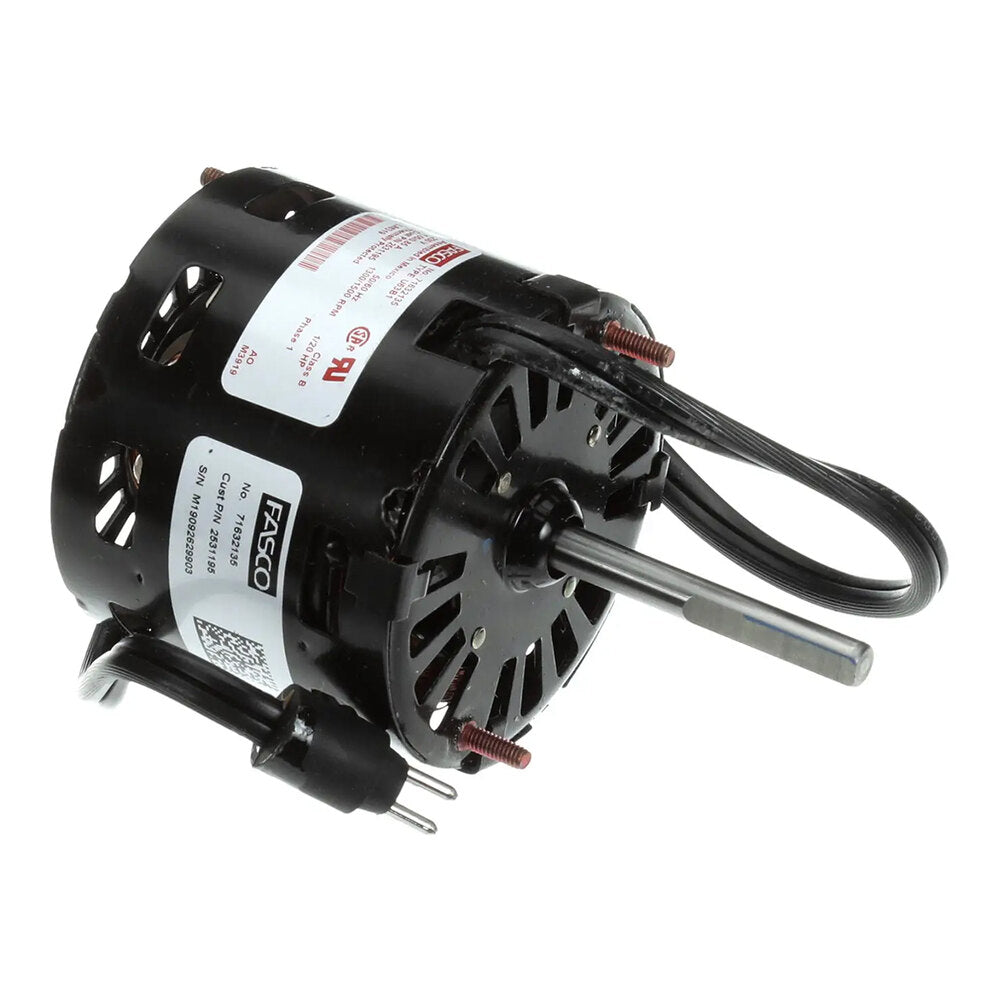 Heatcraft 2531195 Evaporator Fan Motor — supplier gallery view 1; An electric evaporator fan motor with a cylindrical black housing, attached shaft, and power cord.