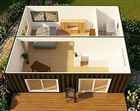 The Studio — Double 6m Container Home with Roof, Deck & Foundations — supplier gallery view 4; Cutaway 3D floor plan of The Studio's double-container layout