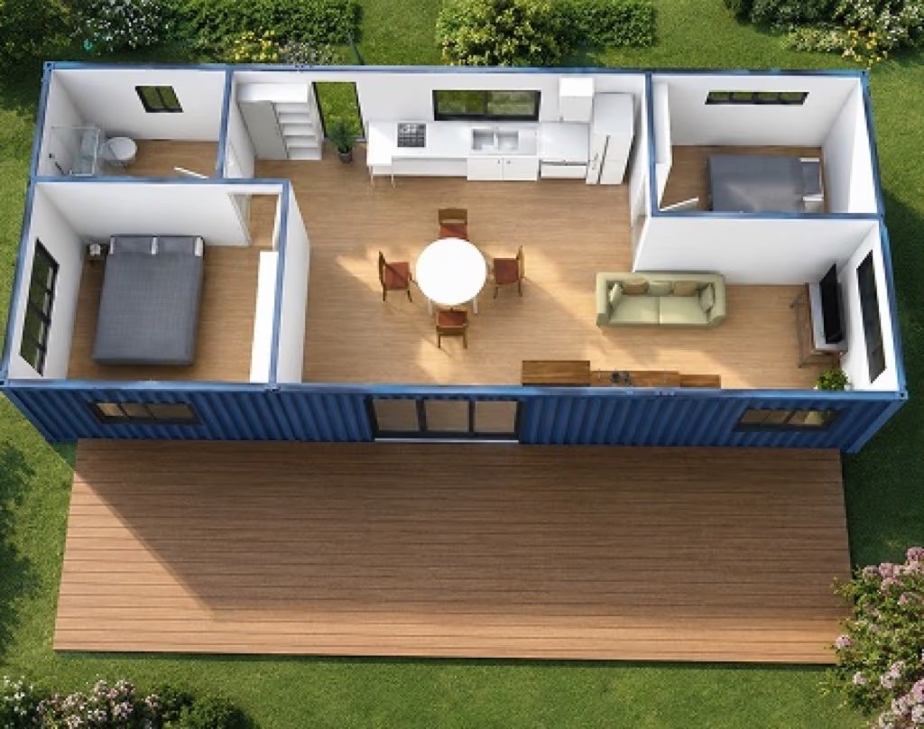 The Independent — Two-Bedroom Double 12m Container Home — supplier gallery view 4; 3D floor plan of The Independent's two-container, two-bedroom layout