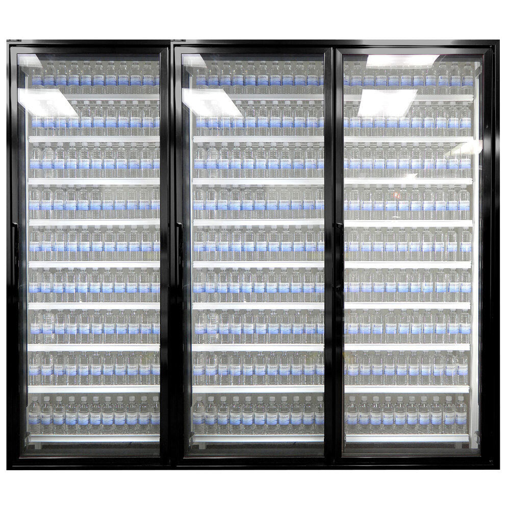 Styleline CL3072-LT Walk-In Merchandiser Doors with Shelving — supplier gallery view 18; A Styleline walk-in freezer door with shelving holding bottles of water.