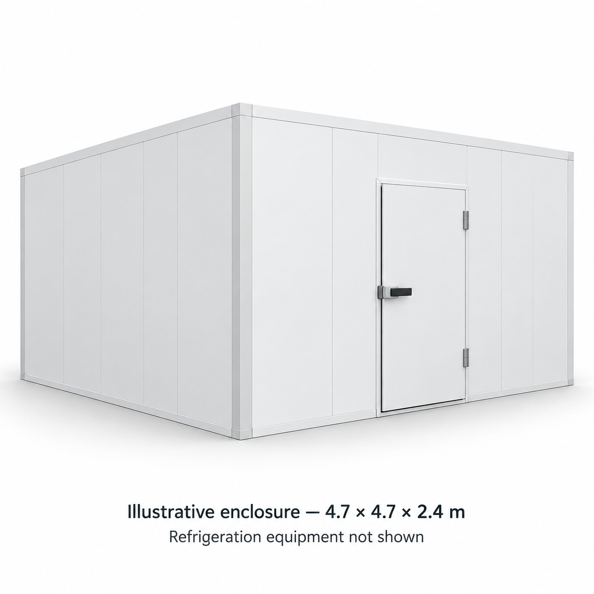 Illustrative enclosure — 4.7 × 4.7 × 2.4m; refrigeration equipment not shown