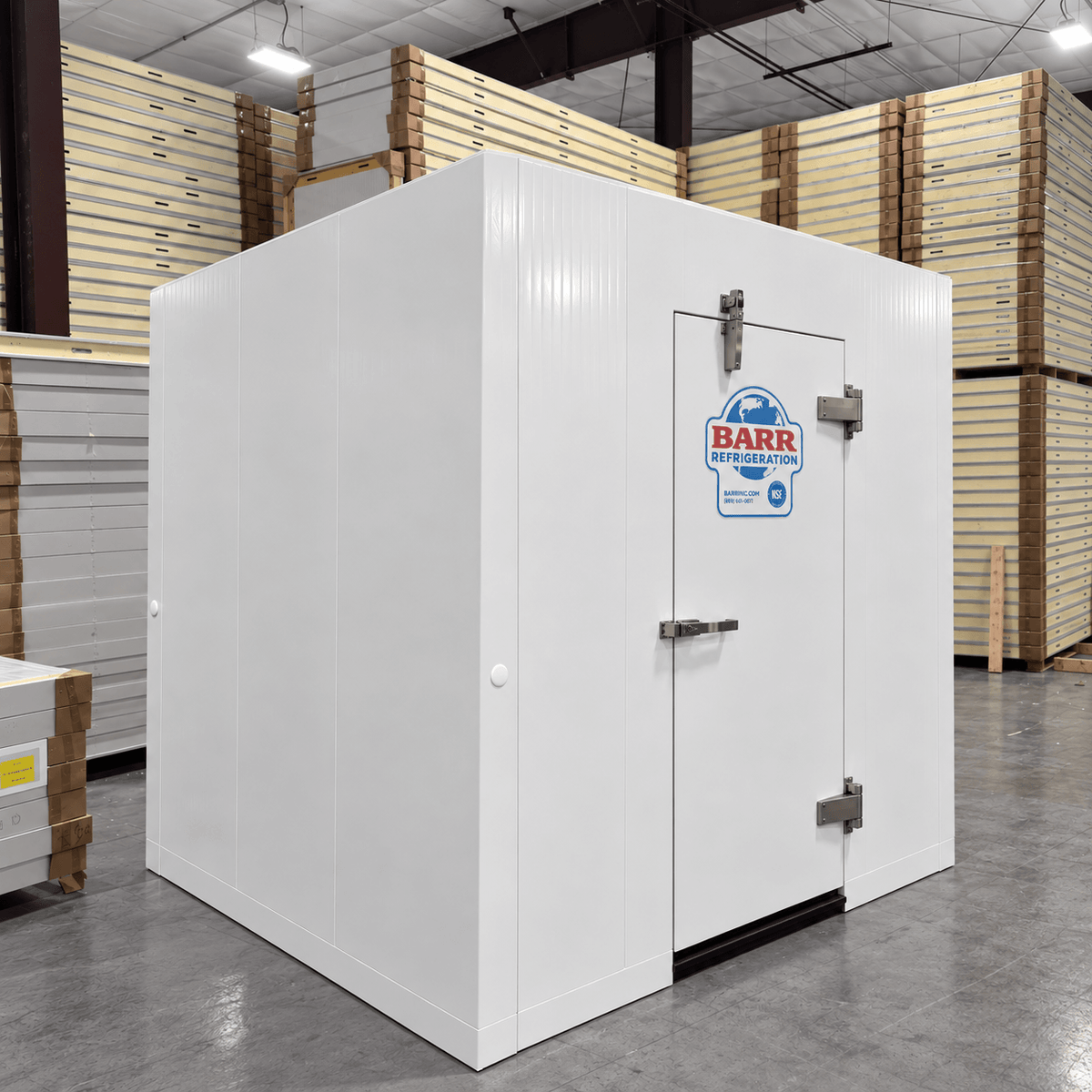 Barr 4'11" x 8'3" x 8'2"H Walk-In Cold Room without Floor — supplier gallery view 1; White walk-in cooler unit with closed hinged door, featuring insulated panel walls left front view