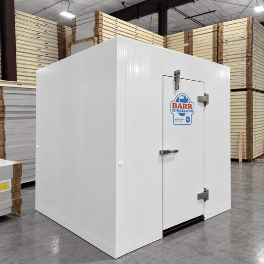 Barr 4'11" x 8'3" x 8'2"H Walk-In Cold Room without Floor — supplier gallery view 1; White walk-in cooler unit with closed hinged door, featuring insulated panel walls left front view