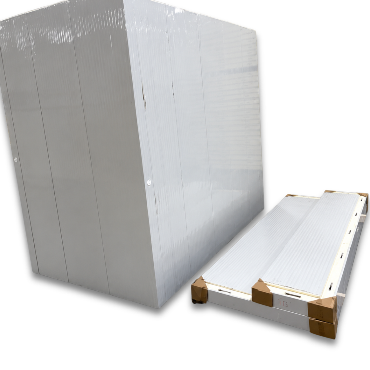 Barr 4'11" x 8'3" x 8'2"H Walk-In Cold Room without Floor — supplier gallery view 5; White walk-in cooler unit with closed hinged door, featuring insulated panel walls back left view