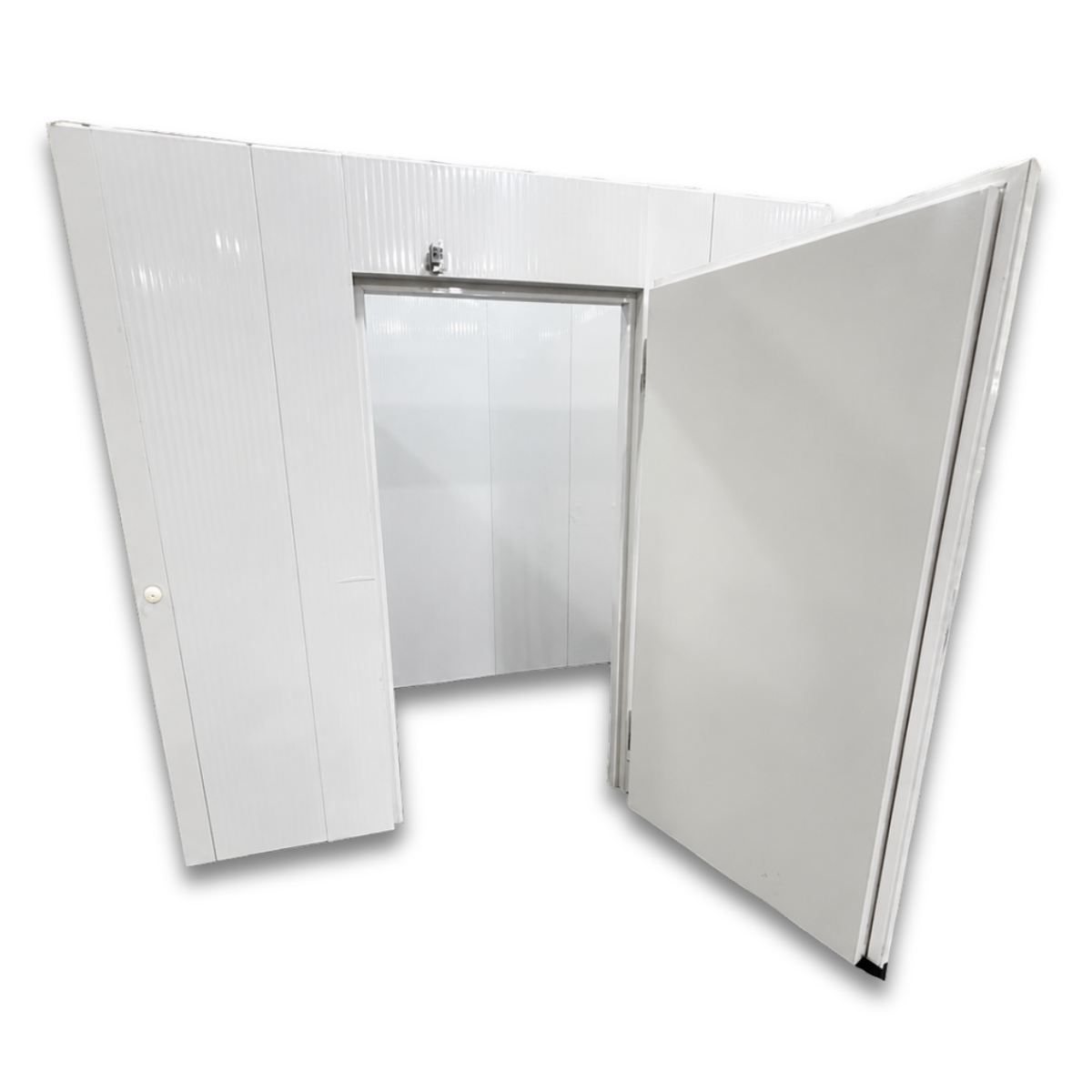 Barr 4'11" x 8'3" x 8'2"H Walk-In Cold Room without Floor — supplier gallery view 3; White walk-in cooler unit with open hinged door, featuring insulated panel walls straight on view door open