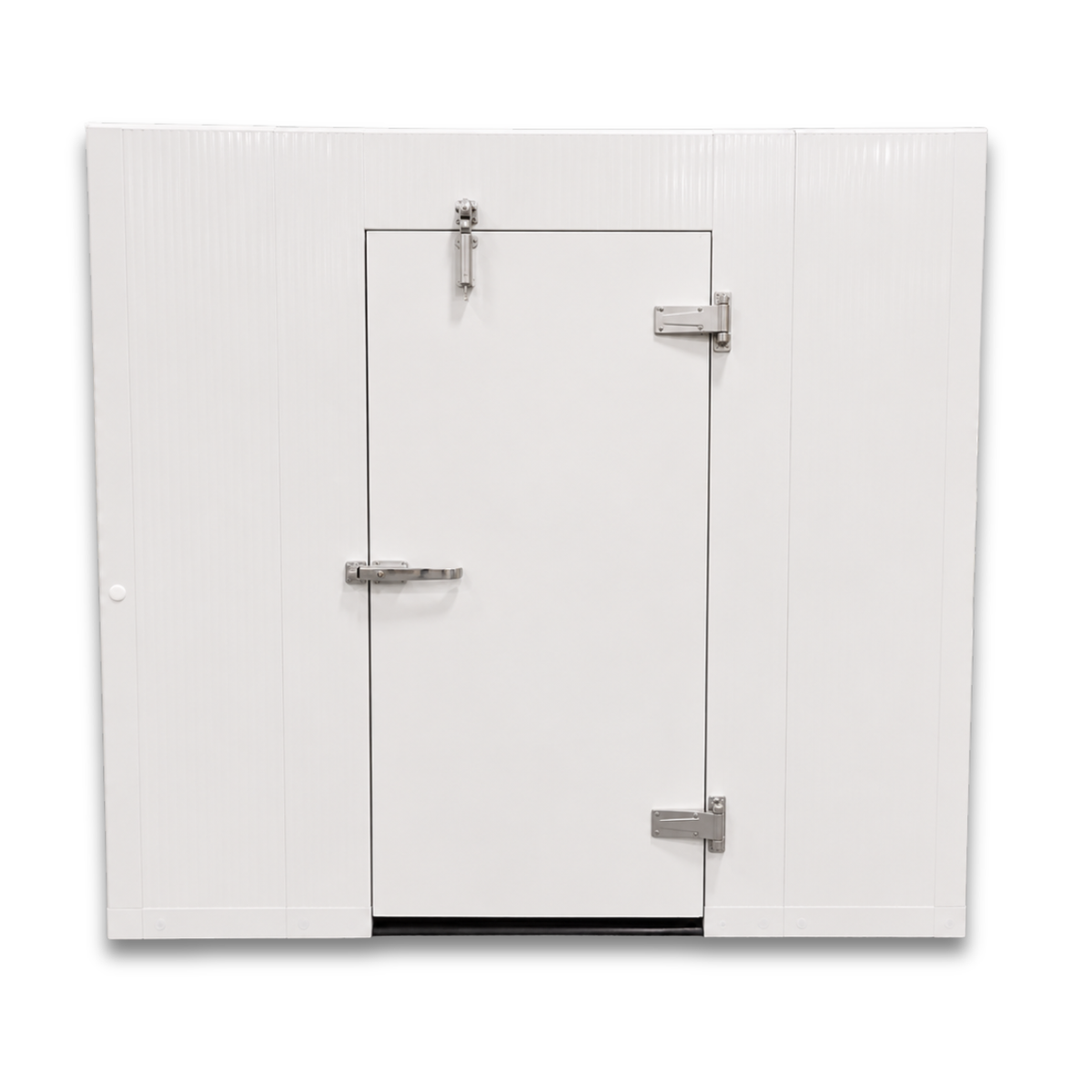 Barr 4'11" x 8'3" x 8'2"H Walk-In Cold Room without Floor — supplier gallery view 2; White walk-in cooler unit with closed hinged door, featuring insulated panel walls straight on view