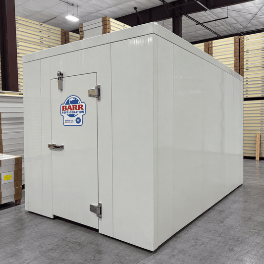 Barr 8'3" x 9'10" x 8'H Walk-In Cold Room without Floor — supplier gallery view 1; White walk-in cooler unit with closed hinged door, featuring insulated panel walls front right view