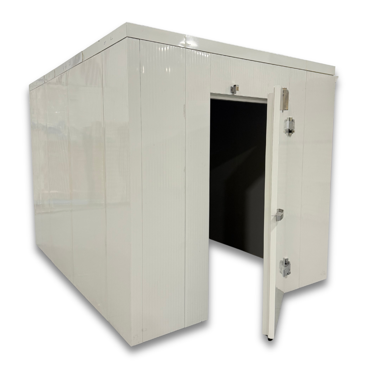 Barr 8'3" x 11'6" x 8'H Walk-In Cold Room without Floor — supplier gallery view 2; White walk-in cooler unit with open hinged door, featuring insulated panel walls