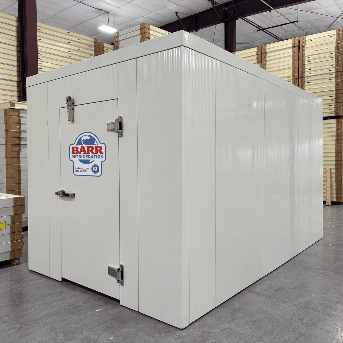 Barr 8'3" x 11'6" x 8'H Walk-In Cold Room without Floor — supplier gallery view 1; White walk-in cooler unit with open hinged door, featuring insulated panel walls