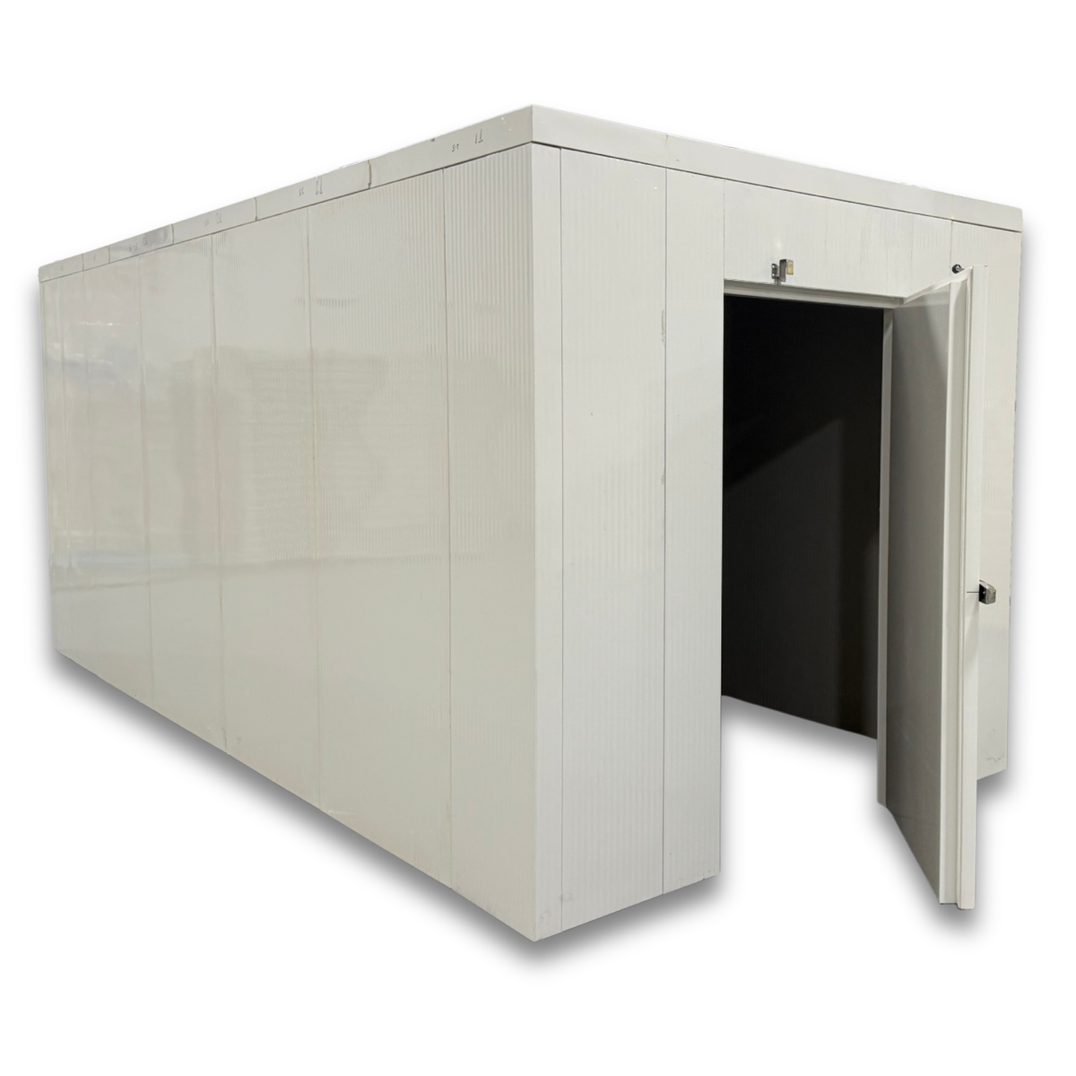Barr 8'3" x 18'1" x 8'H Walk-In Cold Room without Floor — supplier gallery view 2; White walk-in cooler unit with open hinged door, featuring insulated panel walls