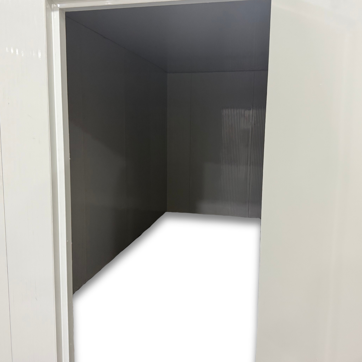 Barr 8'3" x 18'1" x 8'H Walk-In Cold Room without Floor — supplier gallery view 5; White walk-in cooler unit with closed hinged door, featuring insulated panel walls inside view
