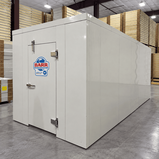 Barr 8'3" x 18'1" x 8'H Walk-In Cold Room without Floor — supplier gallery view 1; White walk-in cooler unit with closed hinged door, featuring insulated panel walls front left view