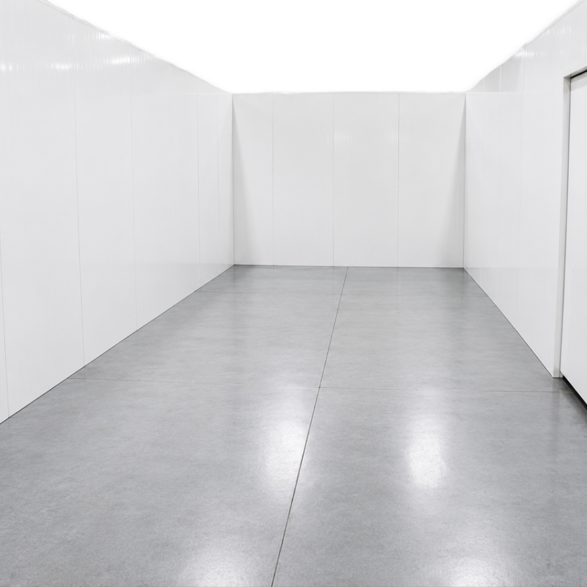 Barr 8'3" x 21'4" x 8'H Walk-In Cold Room without Floor — supplier gallery view 3; White walk-in cooler unit with closed hinged door, featuring insulated panel walls inside view