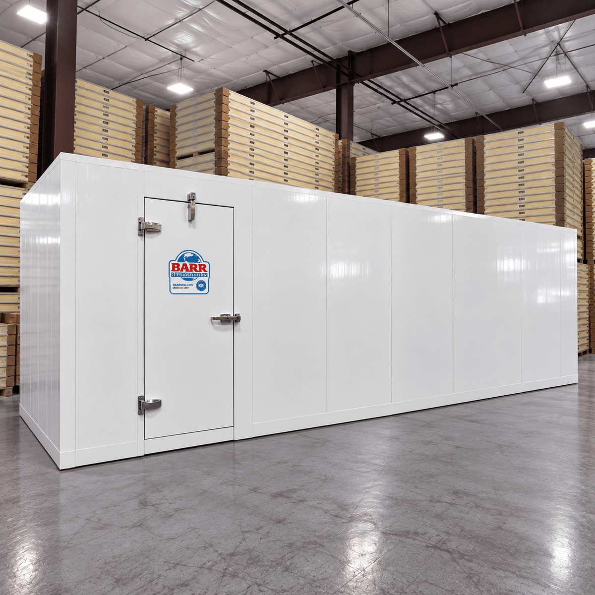 Barr 8'3" x 21'4" x 8'H Walk-In Cold Room without Floor — supplier gallery view 1; White walk-in cooler unit with closed hinged door, featuring insulated panel walls  front right view
