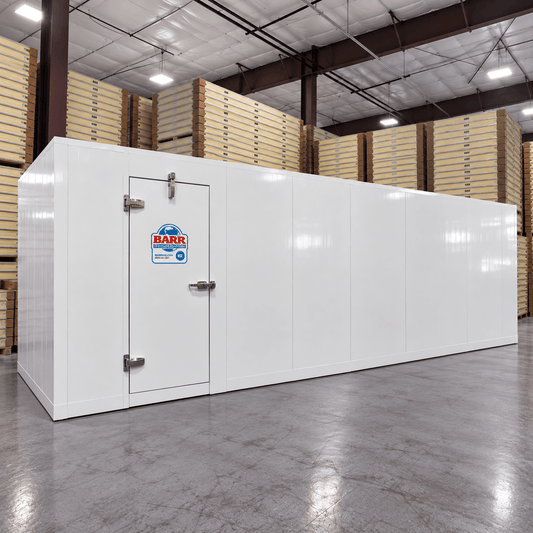 Barr 8'3" x 21'4" x 8'H Walk-In Cold Room without Floor — supplier gallery view 1; White walk-in cooler unit with closed hinged door, featuring insulated panel walls  front right view