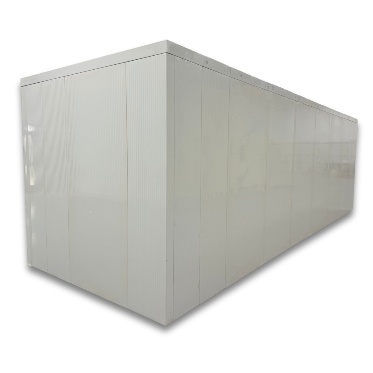 Barr 8'3" x 27'11" x 8'H Walk-In Cold Room without Floor — supplier gallery view 4; White walk-in cooler unit with closed hinged door, featuring insulated panel walls back left view