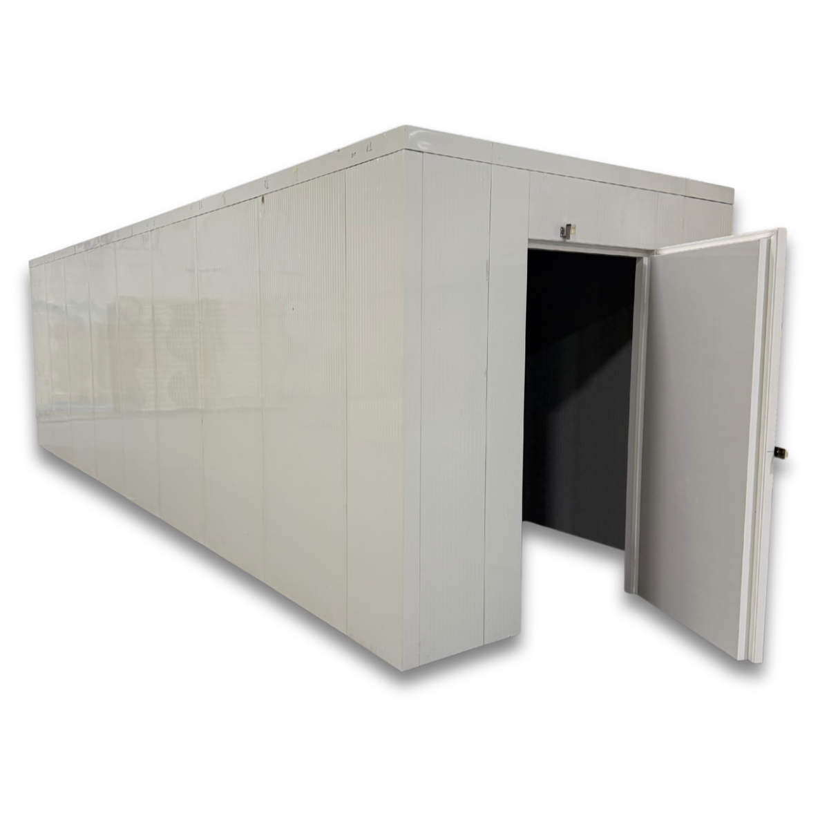 Barr 8'3" x 27'11" x 8'H Walk-In Cold Room without Floor — supplier gallery view 2; White walk-in cooler unit with open hinged door, featuring insulated panel walls