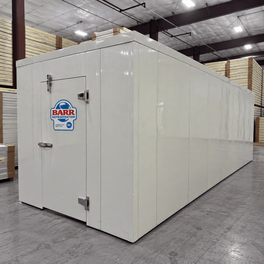 Barr 8'3" x 27'11" x 8'H Walk-In Cold Room without Floor — supplier gallery view 1; White walk-in cooler unit with closed hinged door, featuring insulated panel walls front right view