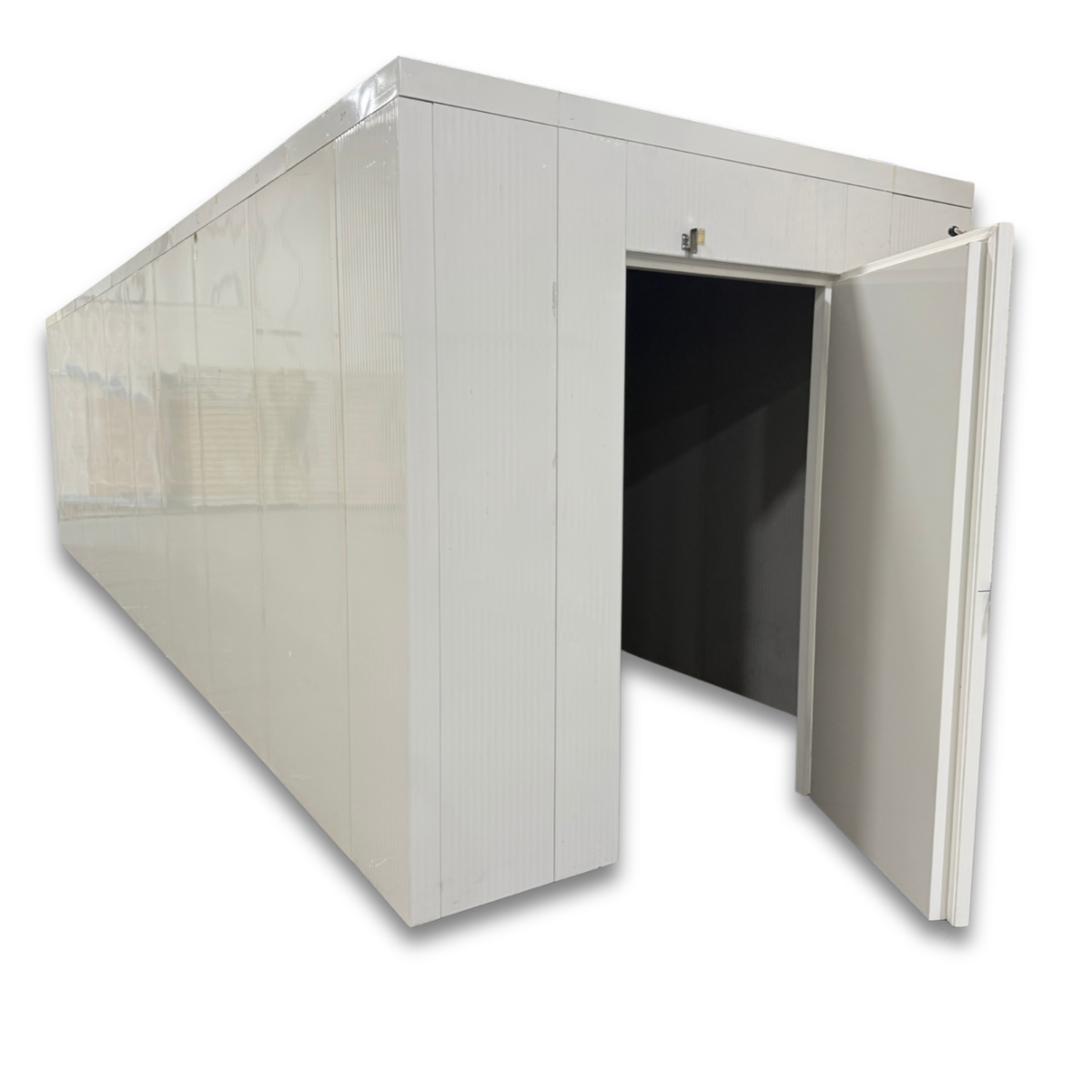 Barr 8'3" x 31'2" x 8'H Walk-In Cold Room without Floor — supplier gallery view 2; White walk-in cooler unit with open hinged door, featuring insulated panel walls