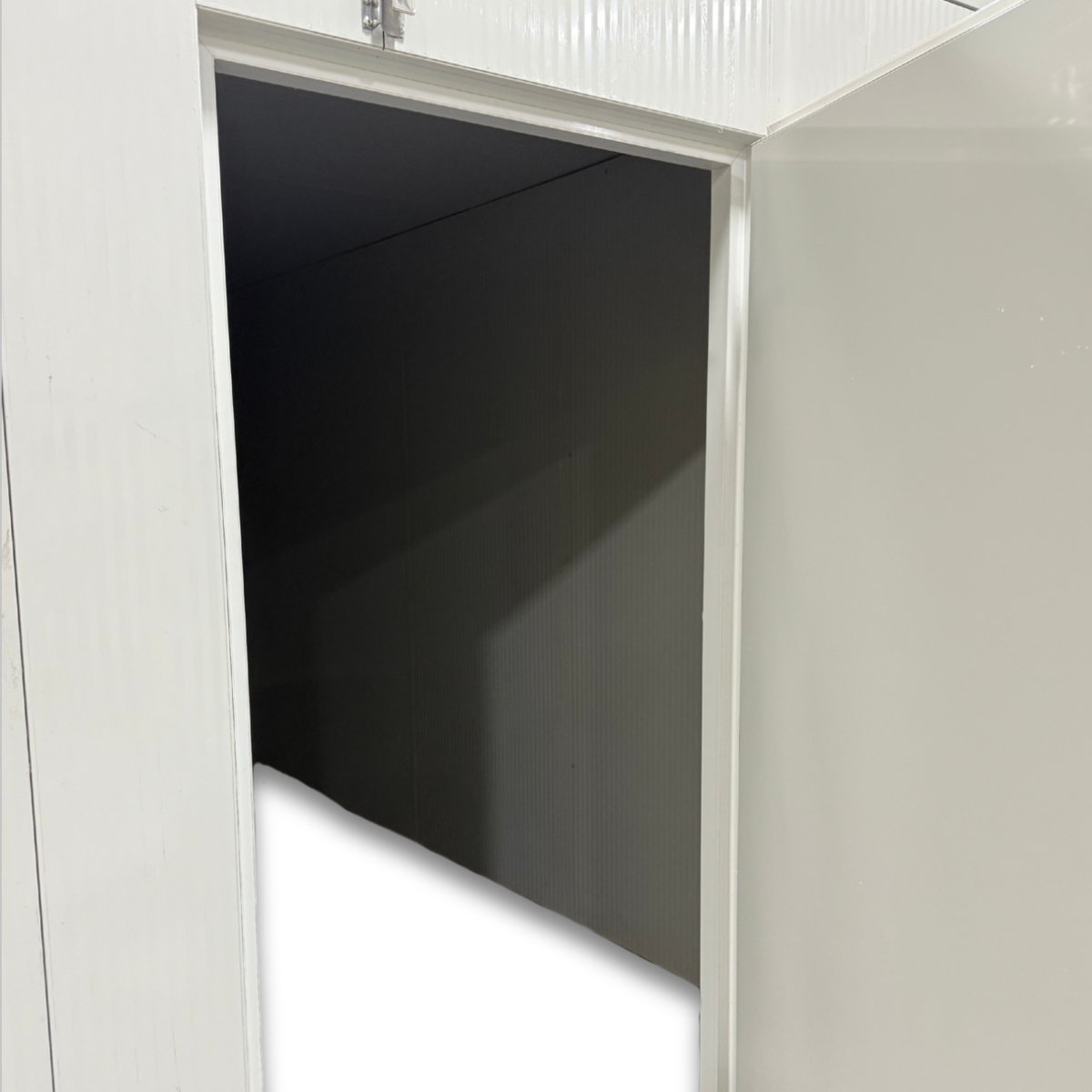 Barr 8'3" x 31'2" x 8'H Walk-In Cold Room without Floor — supplier gallery view 5; White walk-in cooler unit with closed hinged door, featuring insulated panel walls inside view