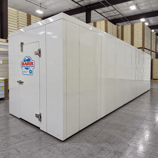 Barr 8'3" x 31'2" x 8'H Walk-In Cold Room without Floor — supplier gallery view 1; White walk-in cooler unit with closed hinged door, featuring insulated panel walls front right view