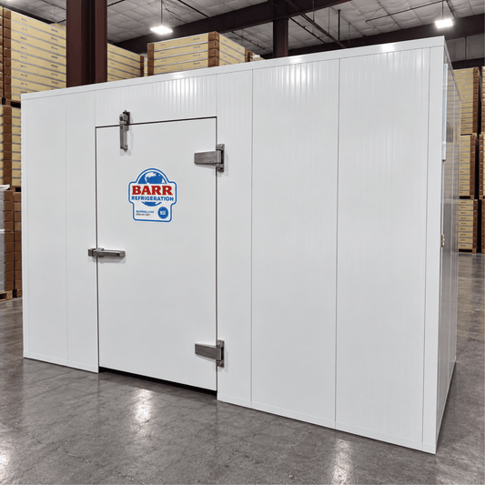 Barr 9'10" x 6'6" x 8'H Walk-In Cold Room without Floor — supplier gallery view 1; White walk-in cooler unit with open door showing interior, featuring insulated panel walls front with door closed