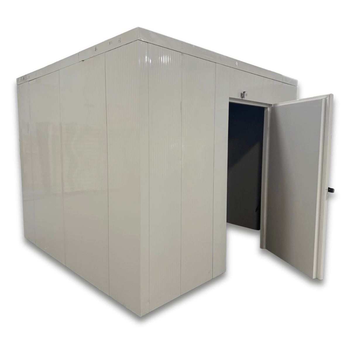 Barr 9'10" x 13'1" x 8'H Walk-In Cold Room without Floor — supplier gallery view 2; White walk-in cooler unit with open hinged door, featuring insulated panel walls front side view