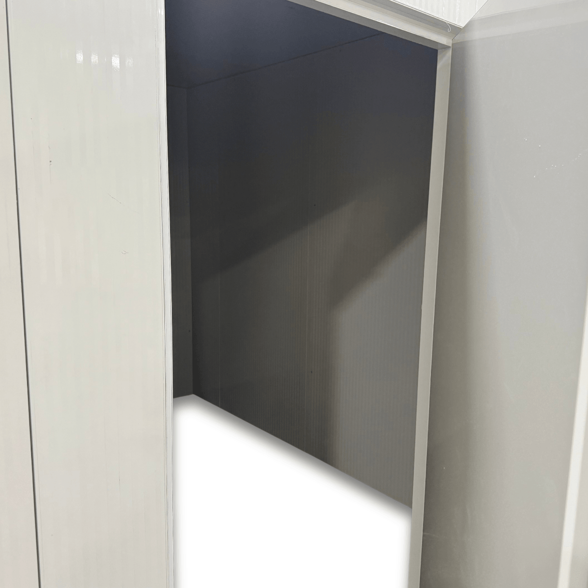 Barr 9'10" x 13'1" x 8'H Walk-In Cold Room without Floor — supplier gallery view 3; White walk-in cooler unit with open hinged door, featuring insulated panel walls inside view