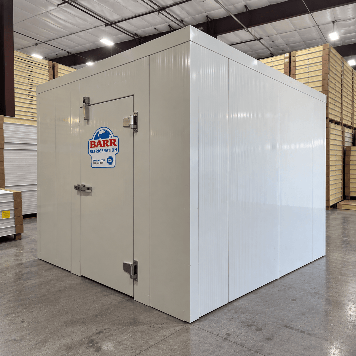Barr 9'10" x 13'1" x 8'H Walk-In Cold Room without Floor — supplier gallery view 1; White walk-in cooler unit with open hinged door, featuring insulated panel walls front right view