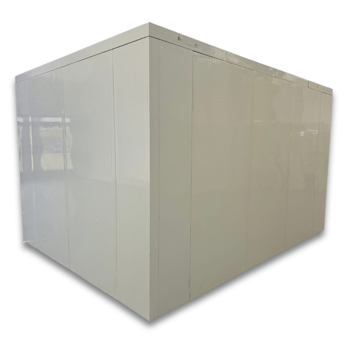 Barr 9'10" x 16'4" x 8'H Walk-In Cold Room without Floor — supplier gallery view 4; White walk-in cooler unit with closed hinged door, featuring insulated panel walls back right view