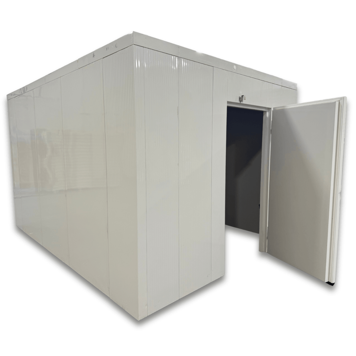Barr 9'10" x 16'4" x 8'H Walk-In Cold Room without Floor — supplier gallery view 2; White walk-in cooler unit with open hinged door, featuring insulated panel walls