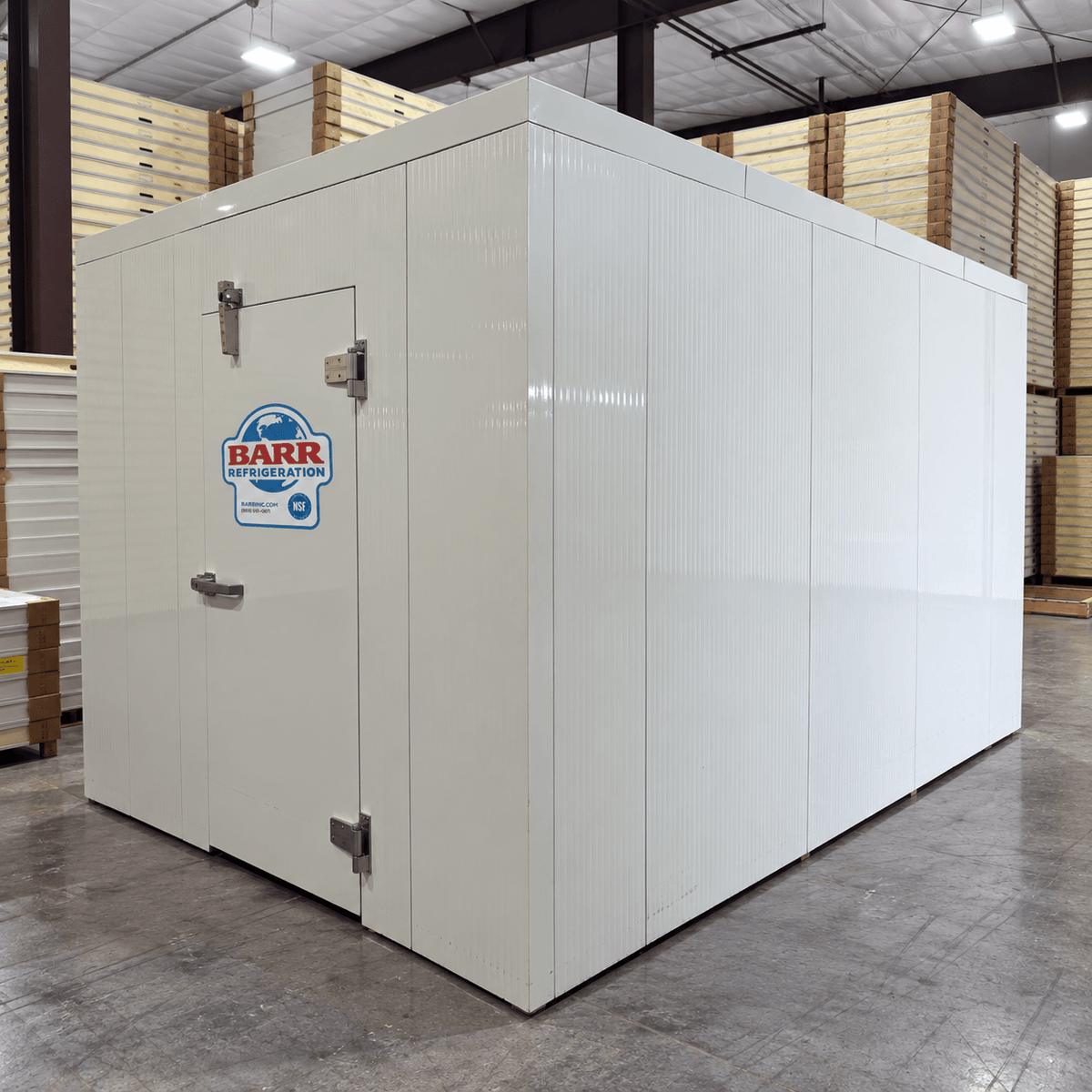 Barr 9'10" x 16'4" x 8'H Walk-In Cold Room without Floor — supplier gallery view 1; White walk-in cooler unit with closed hinged door, featuring insulated panel walls front right view