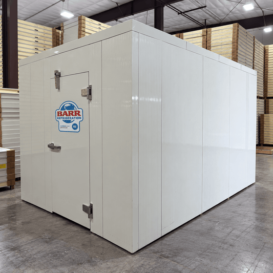 Barr 9'10" x 16'4" x 8'H Walk-In Cold Room without Floor — supplier gallery view 1; White walk-in cooler unit with closed hinged door, featuring insulated panel walls front right view