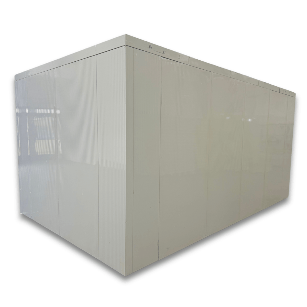 Barr 9'10" x 19'7" x 8'H Walk-In Cold Room without Floor — supplier gallery view 5; White walk-in cooler unit with closed hinged door, featuring insulated panel walls back right view