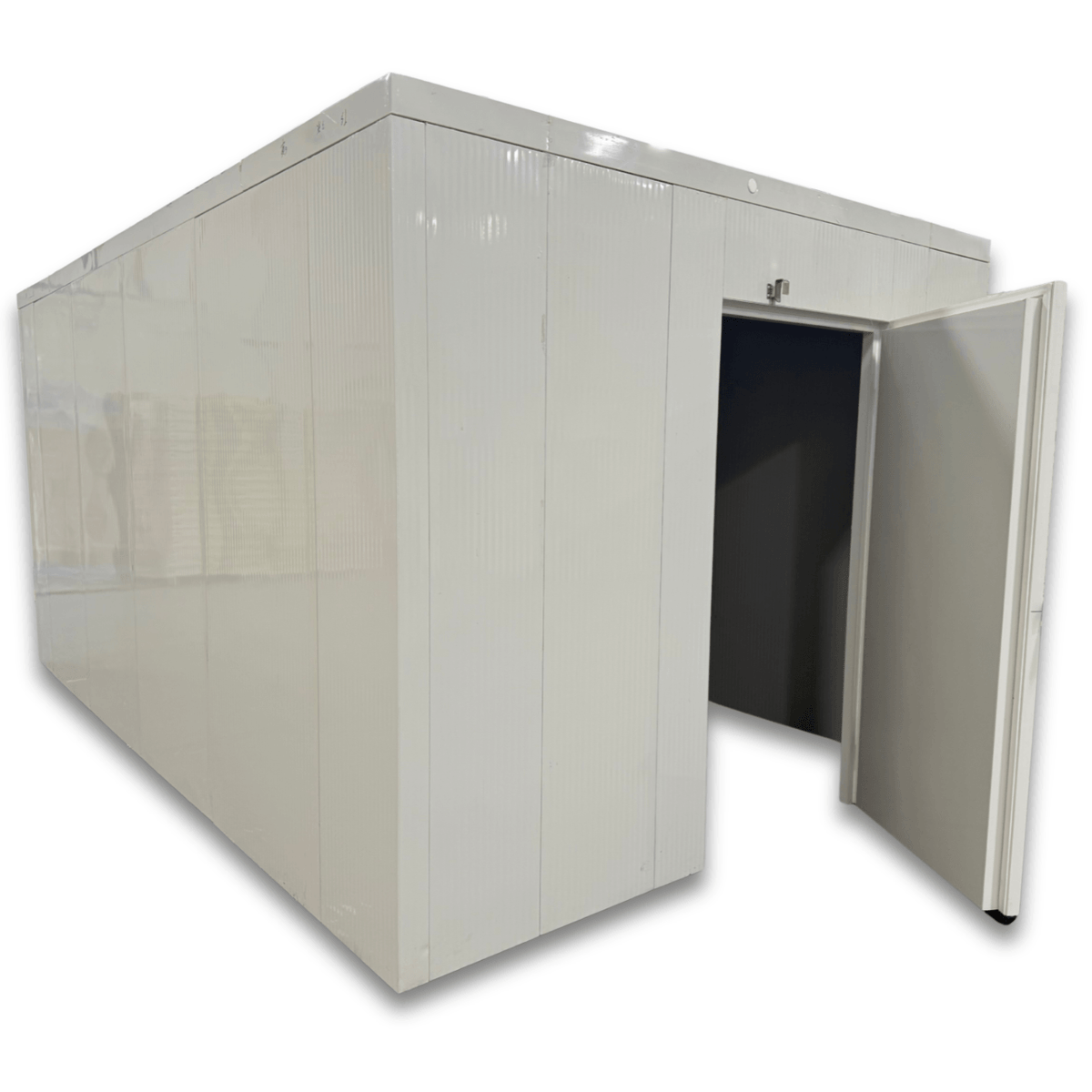 Barr 9'10" x 19'7" x 8'H Walk-In Cold Room without Floor — supplier gallery view 2; White walk-in cooler unit with open hinged door, featuring insulated panel walls