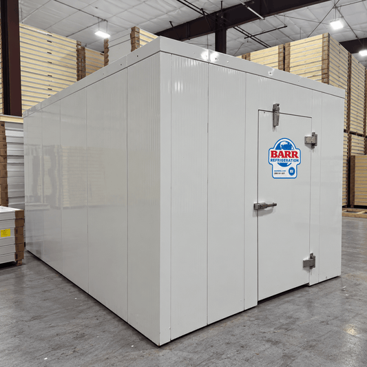Barr 9'10" x 19'7" x 8'H Walk-In Cold Room without Floor — supplier gallery view 1; White walk-in cooler unit with closed hinged door, featuring insulated panel walls front left view