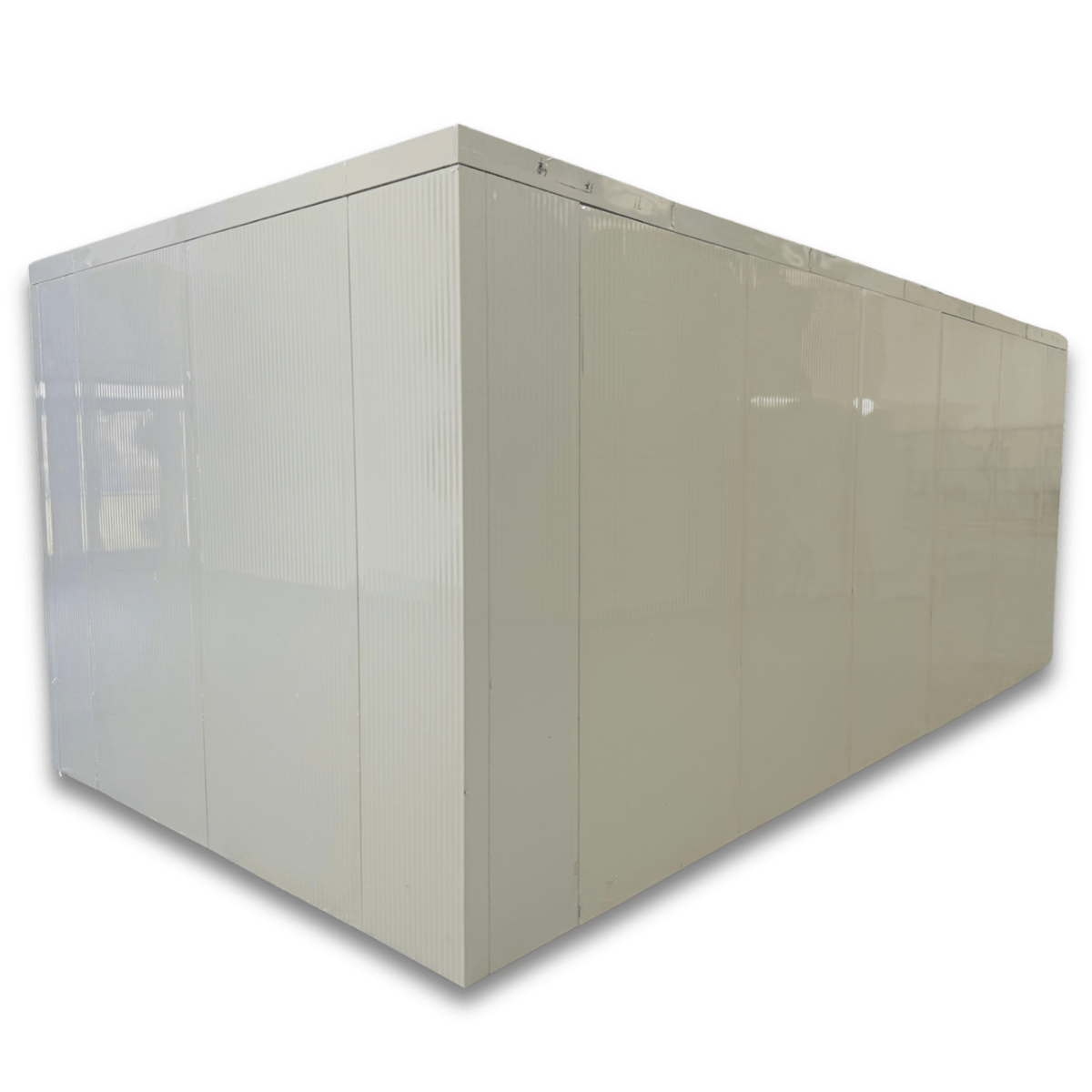 Barr 9'10" x 22'10" x 8'H Walk-In Cold Room without Floor — supplier gallery view 4; White walk-in cooler unit with closed hinged door, featuring insulated panel walls back right view