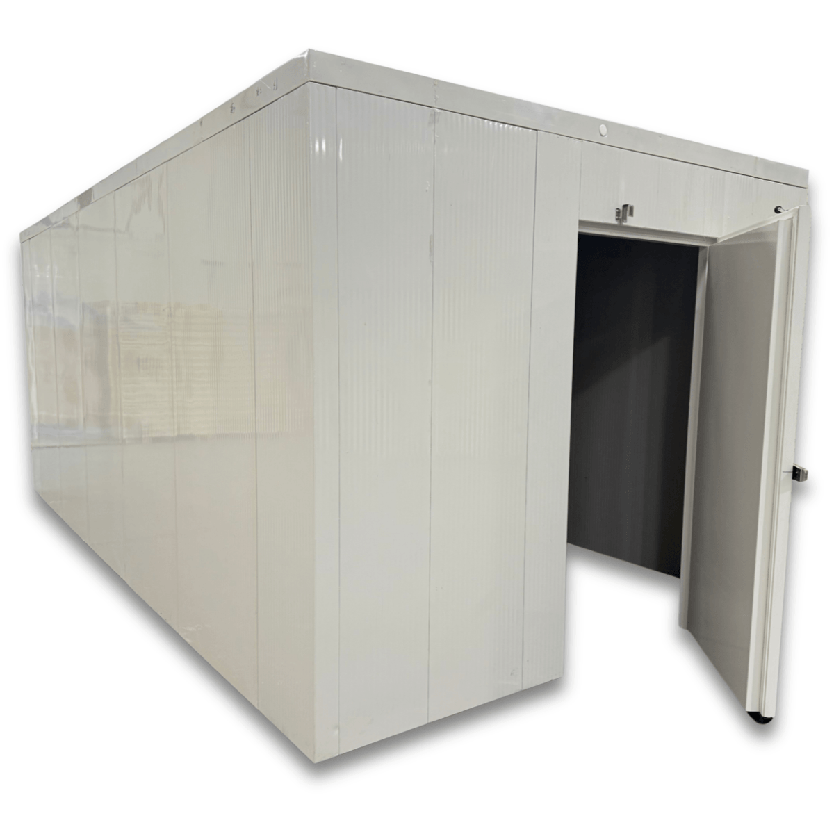 Barr 9'10" x 22'10" x 8'H Walk-In Cold Room without Floor — supplier gallery view 2; White walk-in cooler unit with open hinged door, featuring insulated panel walls
