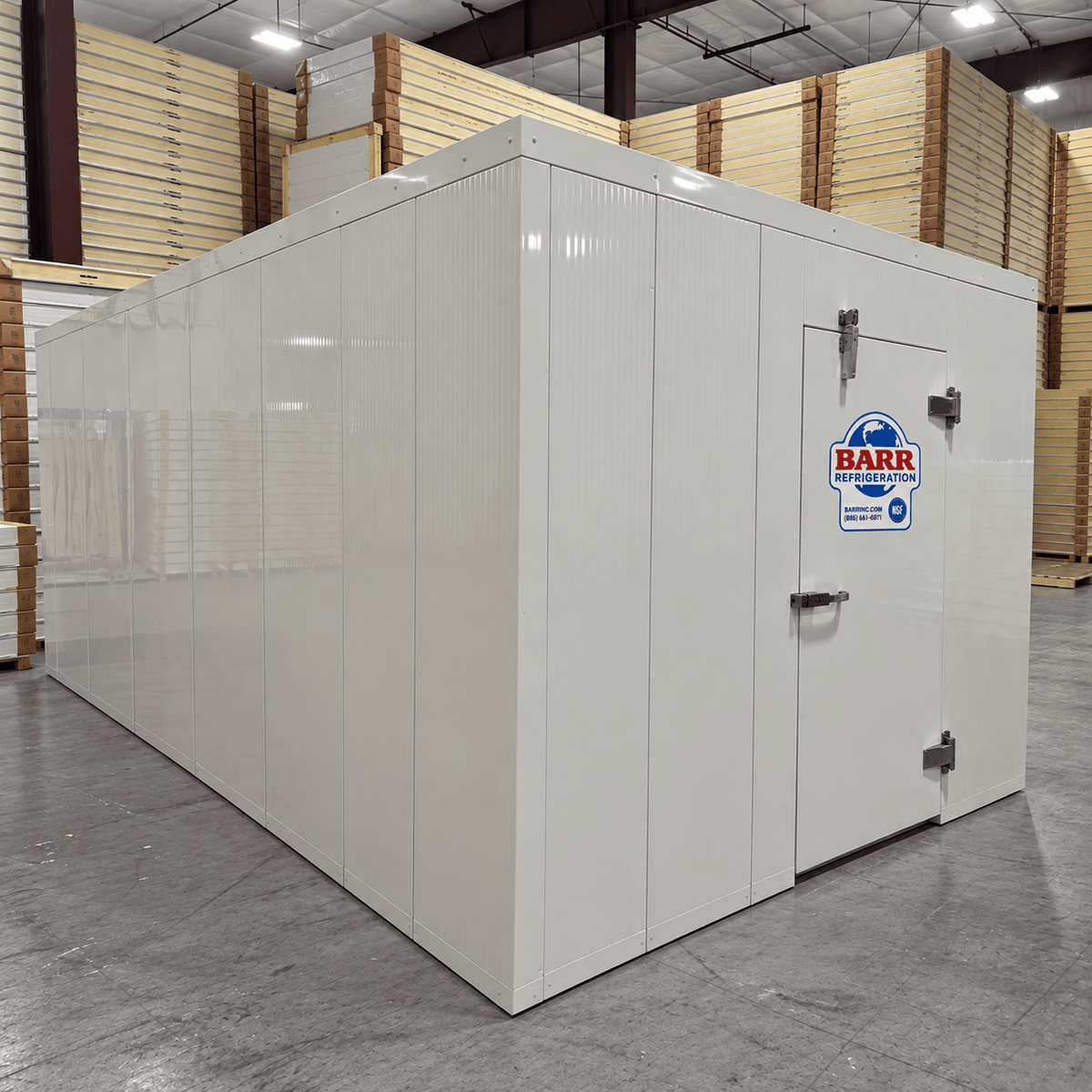 Barr 9'10" x 22'10" x 8'H Walk-In Cold Room without Floor — supplier gallery view 1; White walk-in cooler unit with closed hinged door, featuring insulated panel walls front left view