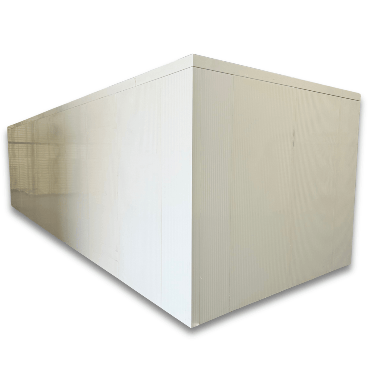 Barr 9'10" x 29'4" x 8'H Walk-In Cold Room without Floor — supplier gallery view 4; White walk-in cooler unit with closed hinged door, featuring insulated panel walls back left view
