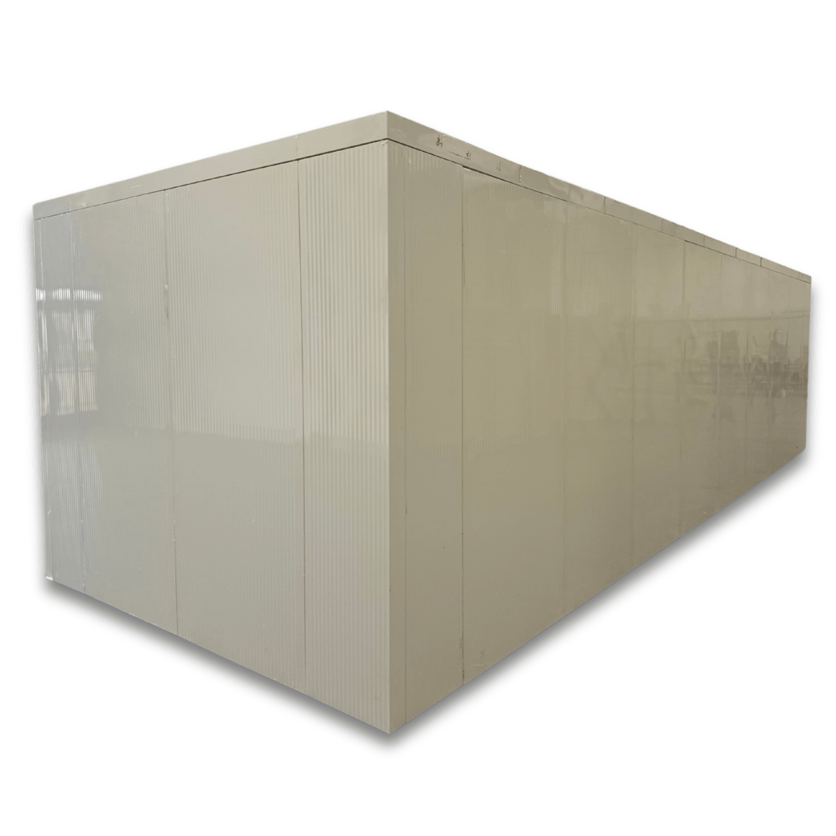 Barr 9'10" x 29'4" x 8'H Walk-In Cold Room without Floor — supplier gallery view 5; White walk-in cooler unit with closed hinged door, featuring insulated panel walls back right view