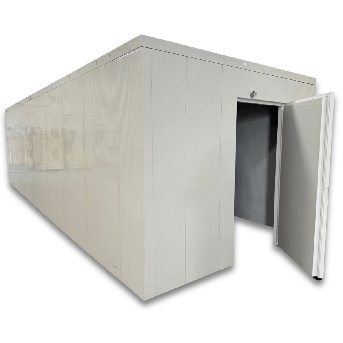 Barr 9'10" x 29'4" x 8'H Walk-In Cold Room without Floor — supplier gallery view 2; White walk-in cooler unit with open hinged door, featuring insulated panel walls