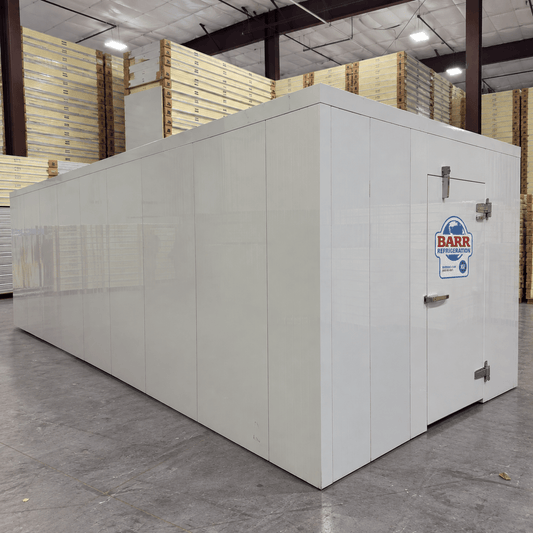 Barr 9'10" x 29'4" x 8'H Walk-In Cold Room without Floor — supplier gallery view 1; White walk-in cooler unit with open hinged door, featuring insulated panel walls