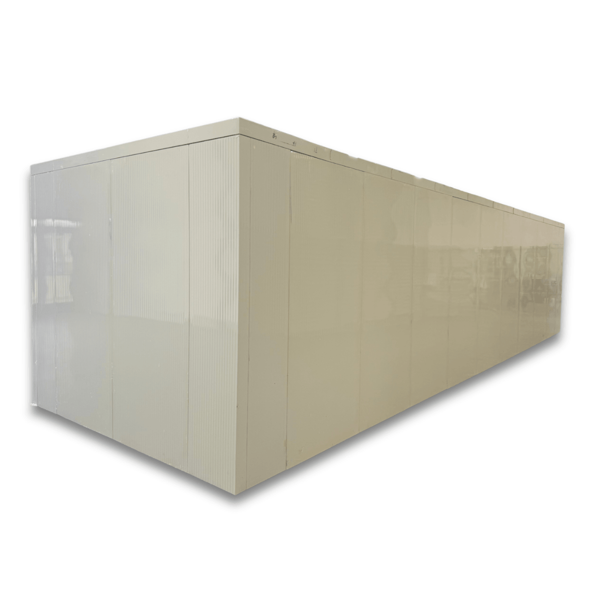 Barr 9'10" x 32'7" x 8'H Walk-In Cold Room without Floor — supplier gallery view 5; White walk-in cooler unit with closed hinged door, featuring insulated panel wall back right view