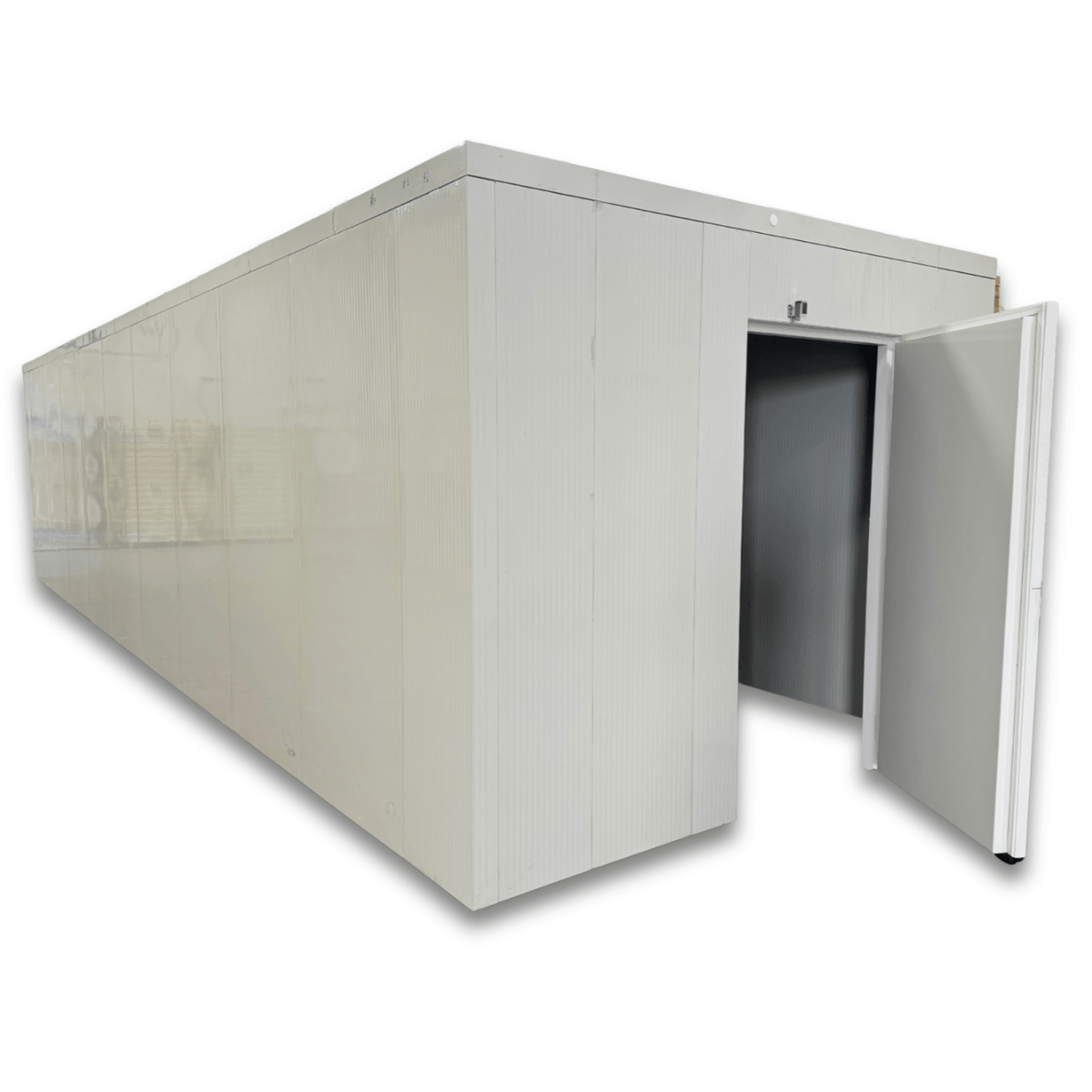 Barr 9'10" x 32'7" x 8'H Walk-In Cold Room without Floor — supplier gallery view 2; White walk-in cooler unit with open hinged door, featuring insulated panel wall