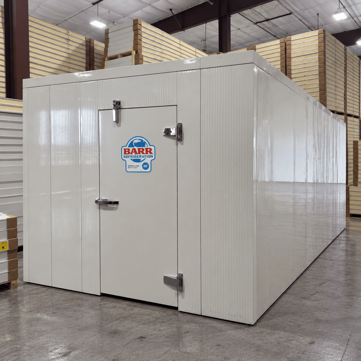 Barr 9'10" x 32'7" x 8'H Walk-In Cold Room without Floor — supplier gallery view 1; White walk-in cooler unit with open hinged door, featuring insulated panel wall